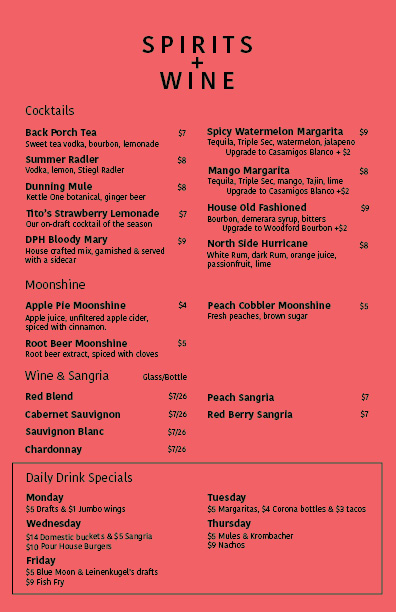 Dunning Pour House Spirits & Wine Menu 2025