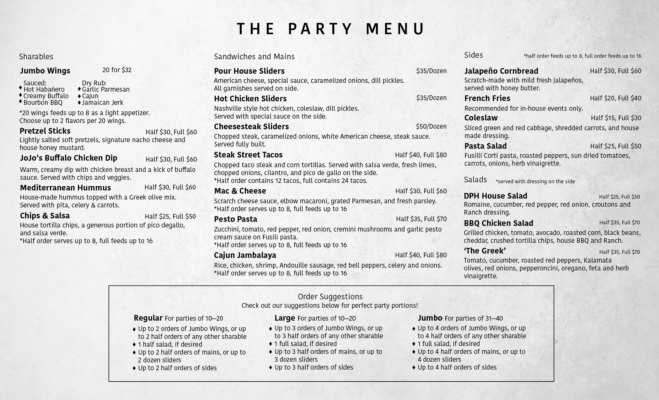 Dunning Pour House Party Menu